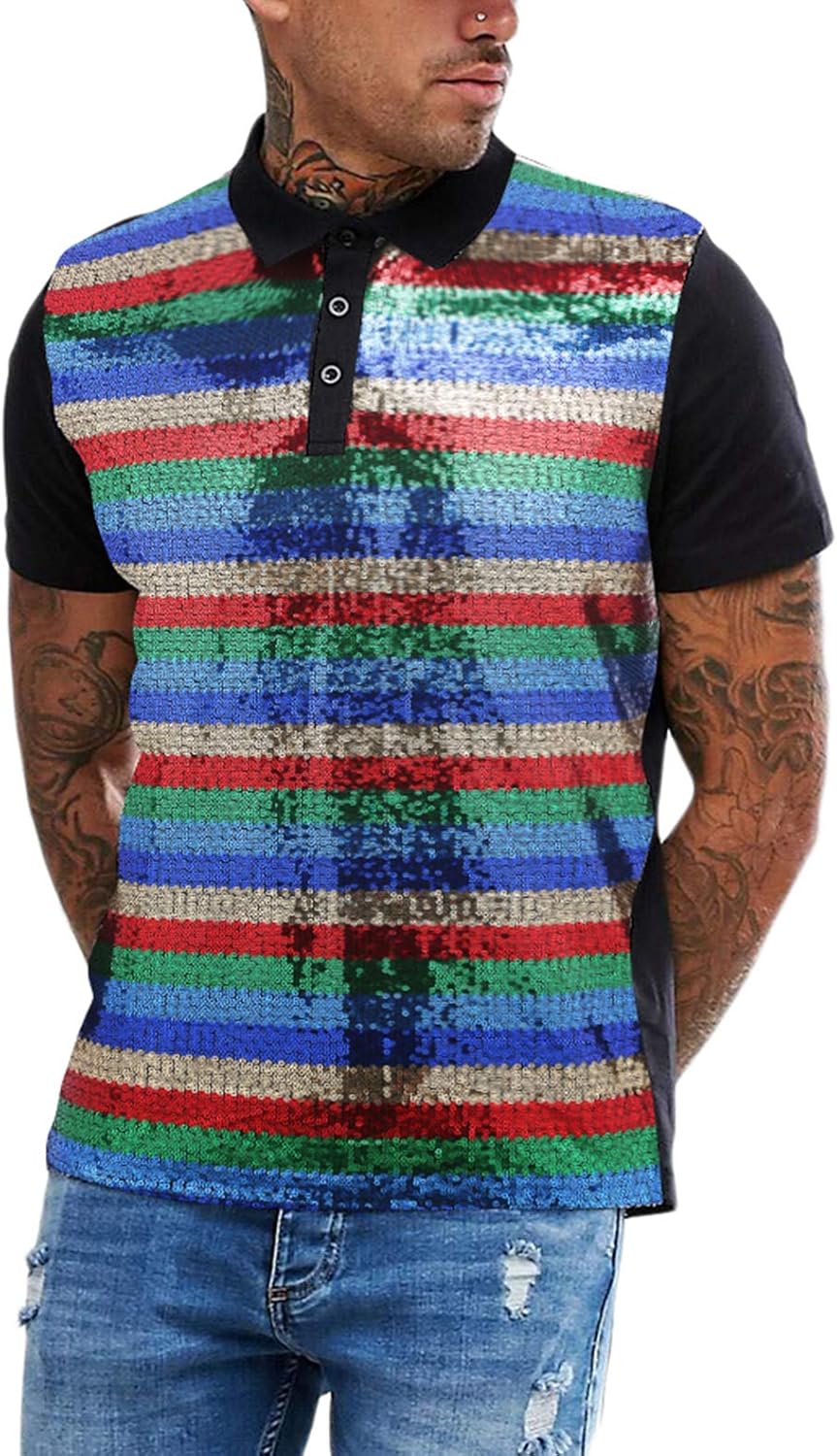 URRU Mens Sparkly Shirts Sequins Metallic Party Top Short Sleeve