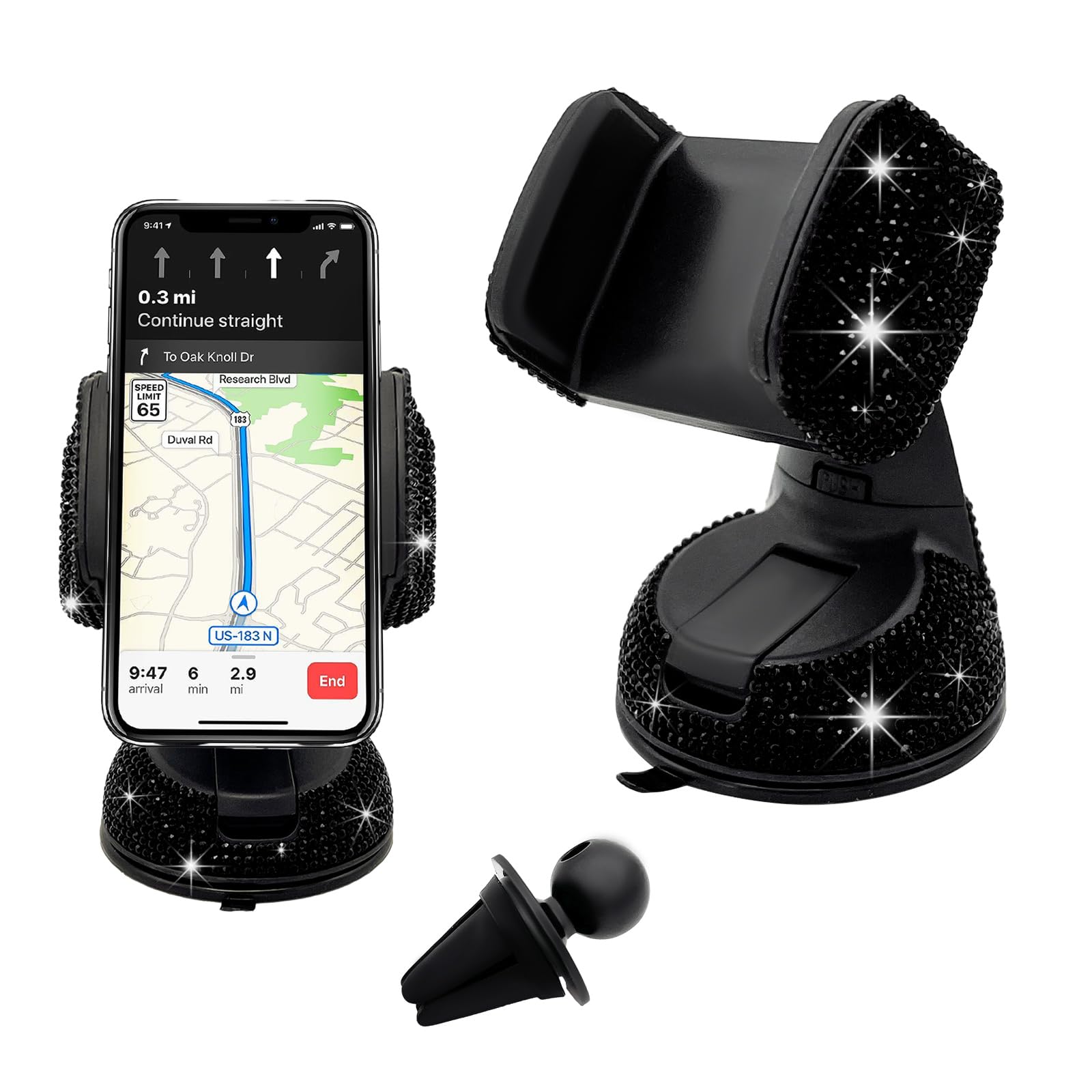 Photo 1 of Wevdn Phone Holder for Car, 360° Rotatable Sparkling Diamond Phone Mount with Suction Cup Base, Rhinestone Phone Holder for Dashboard Air Vent Windshield, Universal Car Accessories (Black)