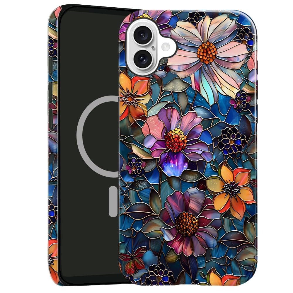 TnXee Case Compatible with iPhone 16,Compatible with MagSafe,Glossy Fall Prevention Hybrid 2-Layer Hard Shell Cases for Girls Boys,Colorful Floral Flower Art