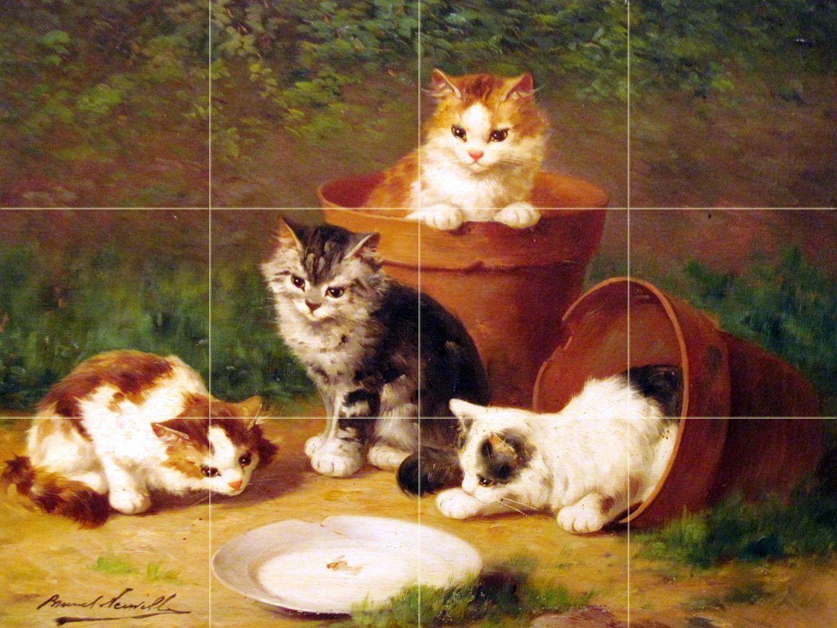 Kittens cat and pots Tile Mural Kitchen Bathroom Wall Backsplash Marble