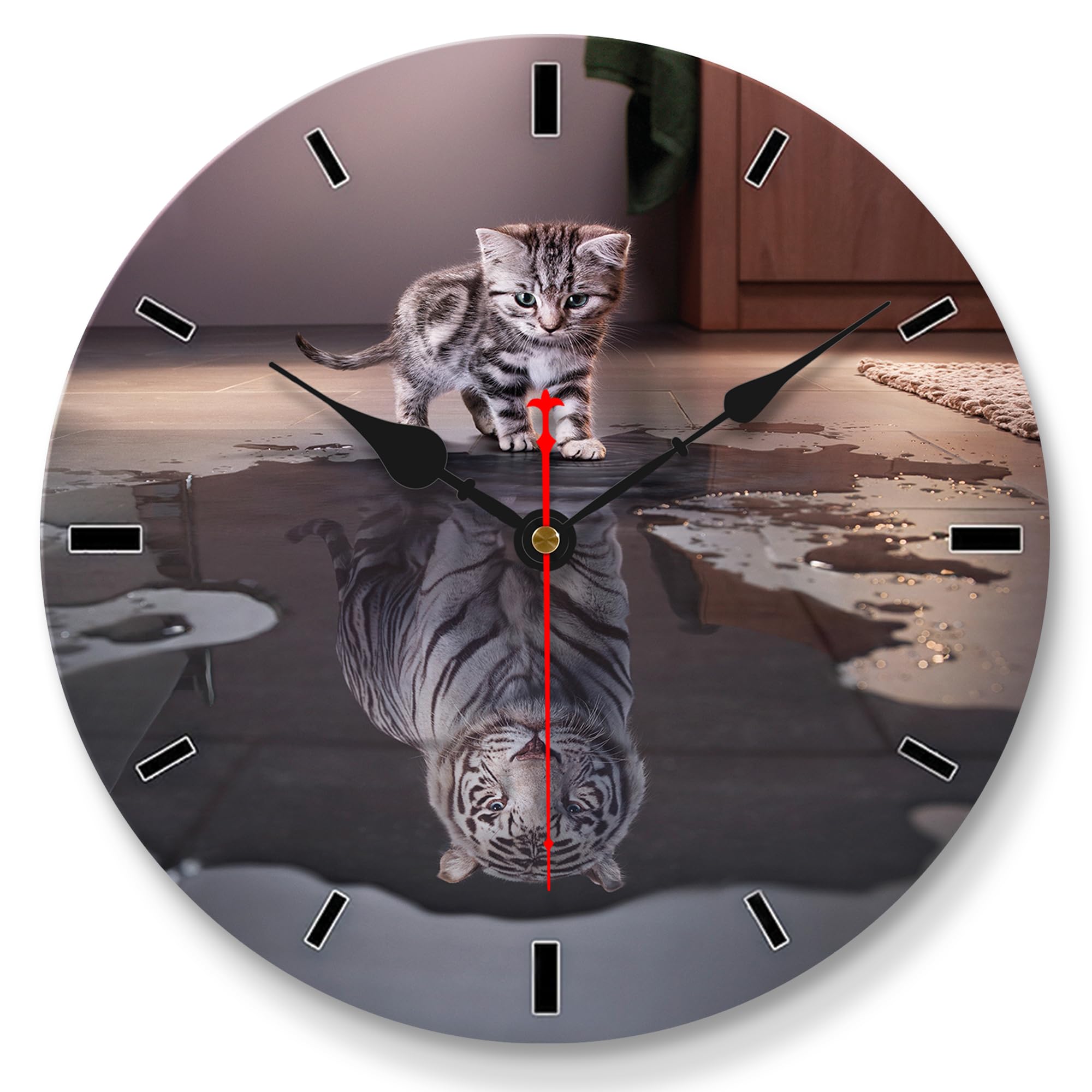 VIKMARI 8 Inch Quartz Movement Silent Non-Ticking Wooden Wall Clocks Cat and Tiger Pattern Round Clock for Kitchen Study Office School Bathroom Living Room Decorations