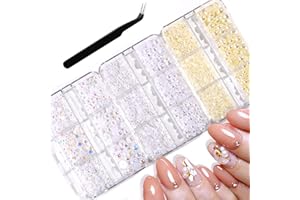 SNMZLC 3 Boxes Pearl Nail Charms 3D Nail Art Charm Flatback Half Round Pearls gems White Beige Aurora Mix Nail Pearls for Crafting Nail Art DIY Design Decoration US285 (White+Beige+Aurora White)