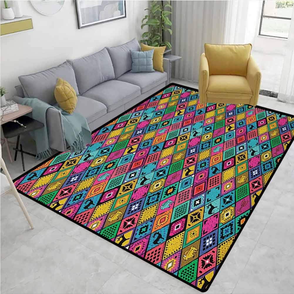Southwestern Personalized Area Rug Hallway Runner, Patchwork Style Pattern in Hand Drawn Style Symbols and Patterns Boho Hippie, Fashionable High Class Living Dinning Room(2'x 3') Multicolor