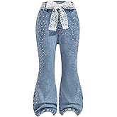 WDIRARA Toddler Girl's Rhinestones Flare Jeans Lace Belted Bell Bottom Denim Pants