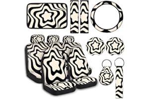 JINGSEN 15 PCE Wavy Black Car Seat Covers Full Set for Women Car Steering Wheel Cover Center Console Armrest Cushion Headrest Seat Belt Key Chain Covers for SUV (Abstract Art 6)