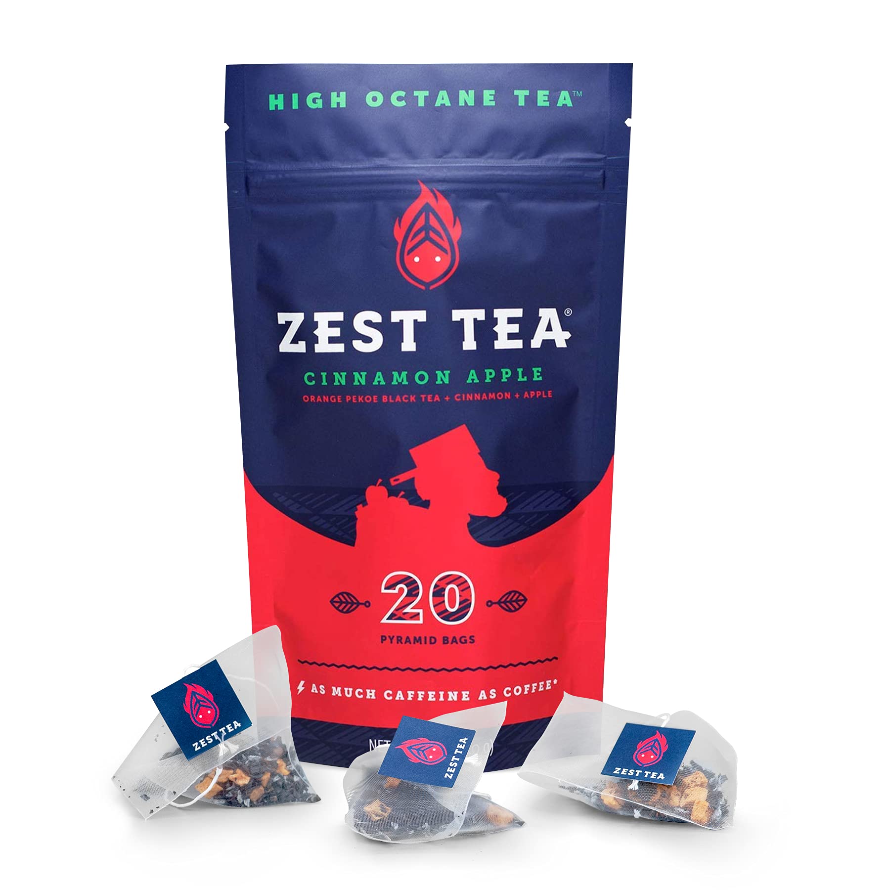 Zest Tea Energy Hot Tea, High Caffeine Blend Natural & Healthy Coffee Substitute, Perfect for Keto, 20 servings (150mg Caffeine each), Compostable Teabags (No Plastic), Cinnamon Apple Black Tea