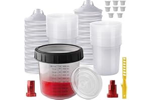 ROIKETU Disposable Paint Mixing Cup 20 Ounce (600ml) Kit,HVLP Paint Sprayer Gun Mixing Cups with 50 Cups and Lids System, 10 Plugs and 1 Hard Cup with Retainer Ring, 2 Cup Adapter,Paint Stirrer (50)