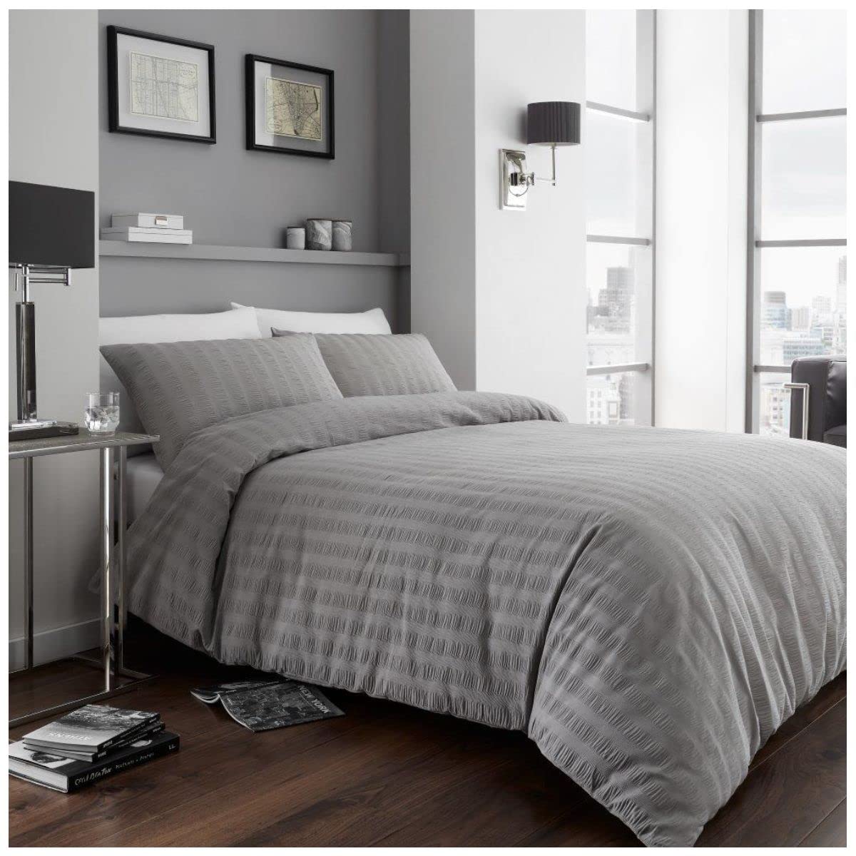 GC GAVENO CAVAILIA Luxury Stripe Duvet Cover Quilt Set, Easy Care Super Soft Textured Seer Sucker Bedding, King, Grey-Polycotton