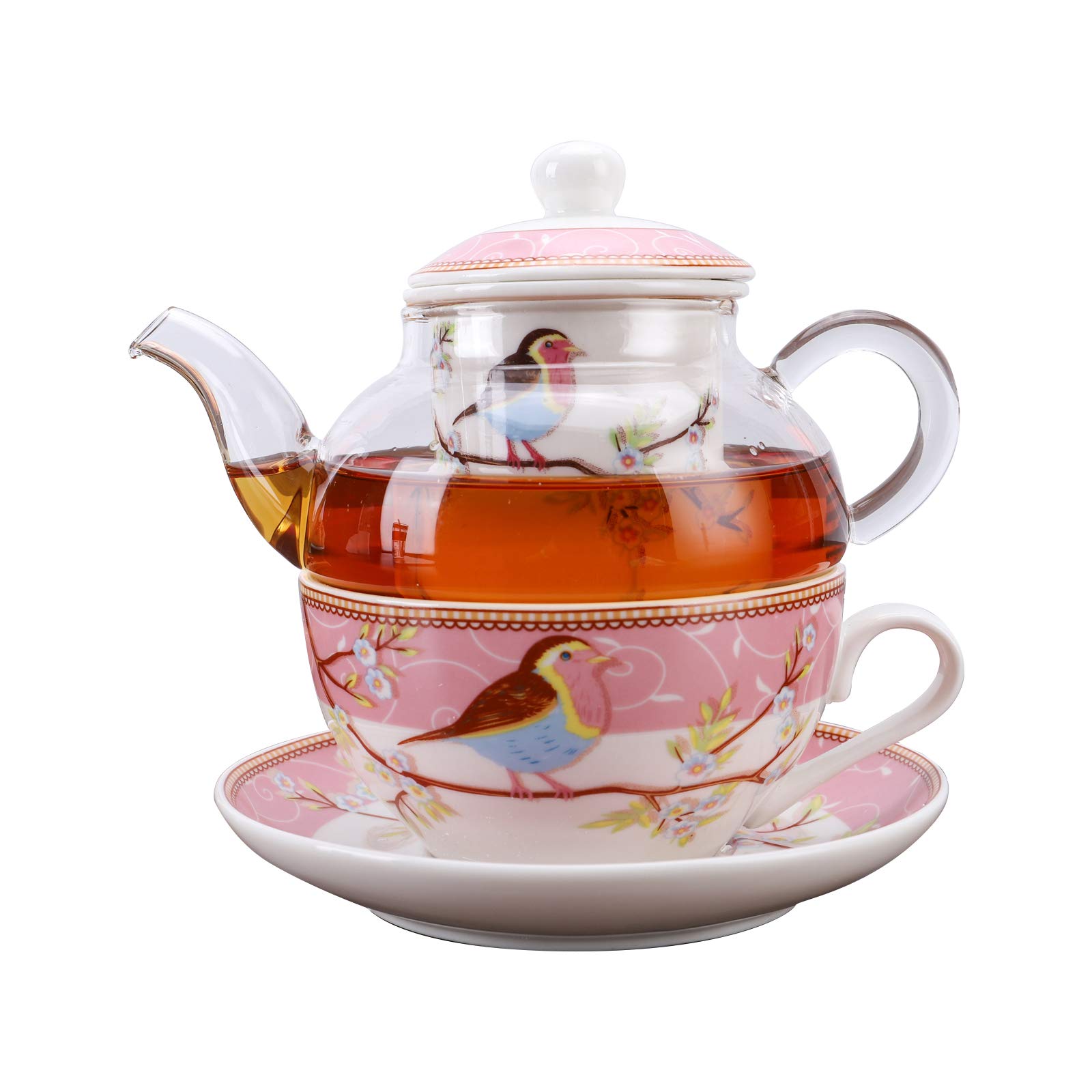 fanquare Pink Robin Birds and Flowers Tea for One Set, Ceramic Tea Cup and Saucer Set with Glass Teapot, Pink