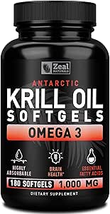 Pure Antarctic Krill Oil 1000mg (180 Softgels) 3 Month Supply Omega 3 Krill Oil Supplement with EPA, DHA &amp; Astaxanthin - Omega 3 Fish Oil for Joint, Brain, and, Heart Support