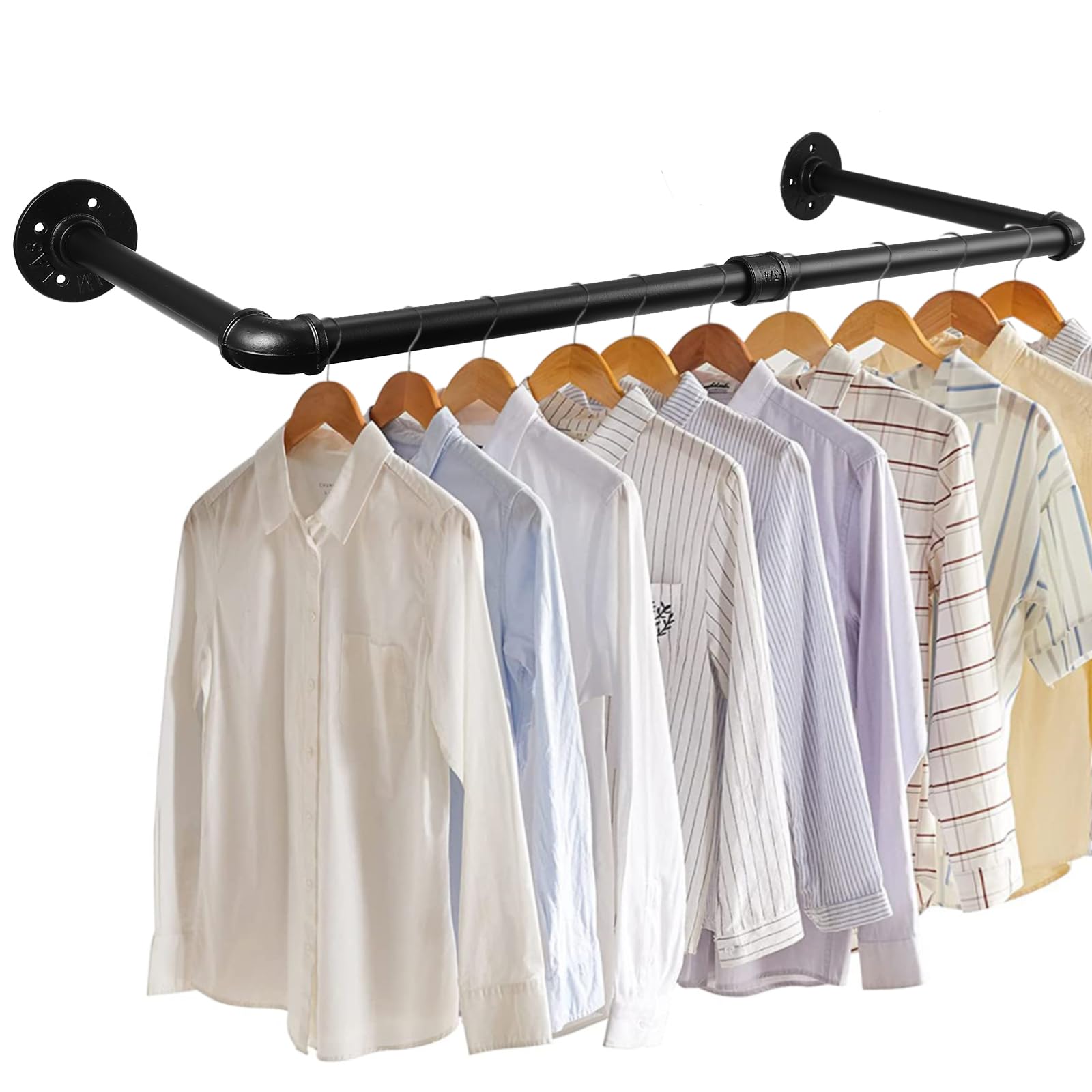 eSynic 60cm Wall Mounted Clothes Rail Popular Black Industrial Pipe Wall Clothes Rail Durable Metal Clothing Rack, Vintage & Morden Detachable Clothes Tidy Rail for Hanging Coat Bedroom Cloakroom etc