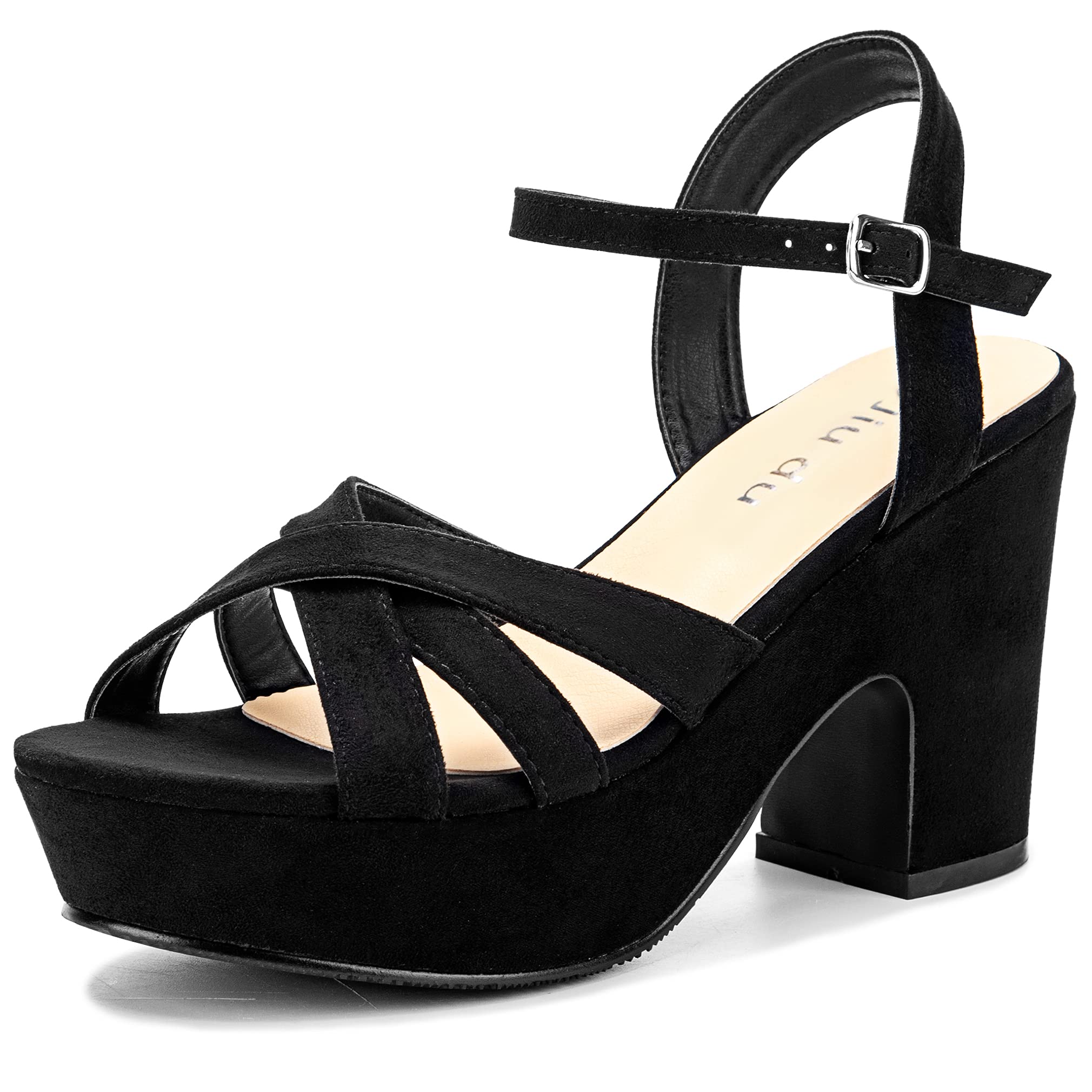Photo 1 of Jiu du Women's Platform Heels Sandals Open Toe Wedge Heels Suede Ankle Strap Chunky Heels Wedding Dressy Party Pumps Black Suede Size US 9 CN40