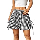 Verdusa Women's Gingham Plaid Shorts Bow Tie Split Elastic Waist Y2k Wide Leg Shorts Summer Vacation Outfits Picnic Clothes