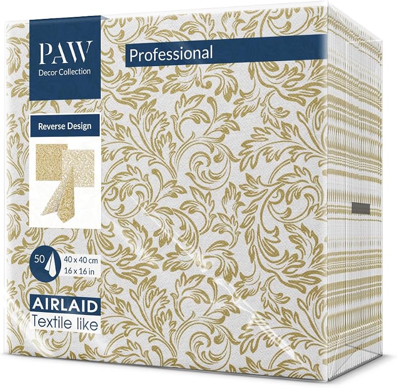 PAW Airlaid Napkins 40x40cm Fabric-Like 50pk Wedding Party Gold Baroque Pattern