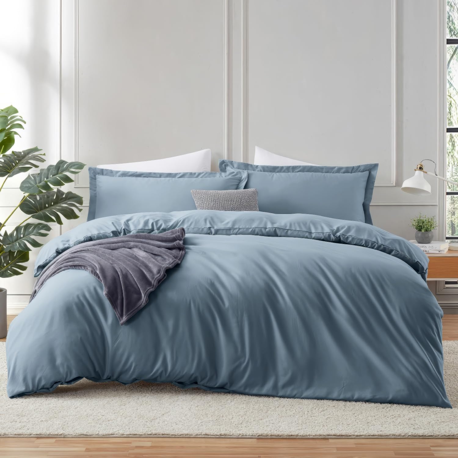 Photo 1 of Hearth & Harbor Stone Blue Duvet Cover Queen Size - 3 Piece Queen Duvet Cover Set, Soft Double Brushed Queen Size Duvet Covers with Button Closure, 1 Duvet Cover 90x90 inches and 2 Pillow Shams