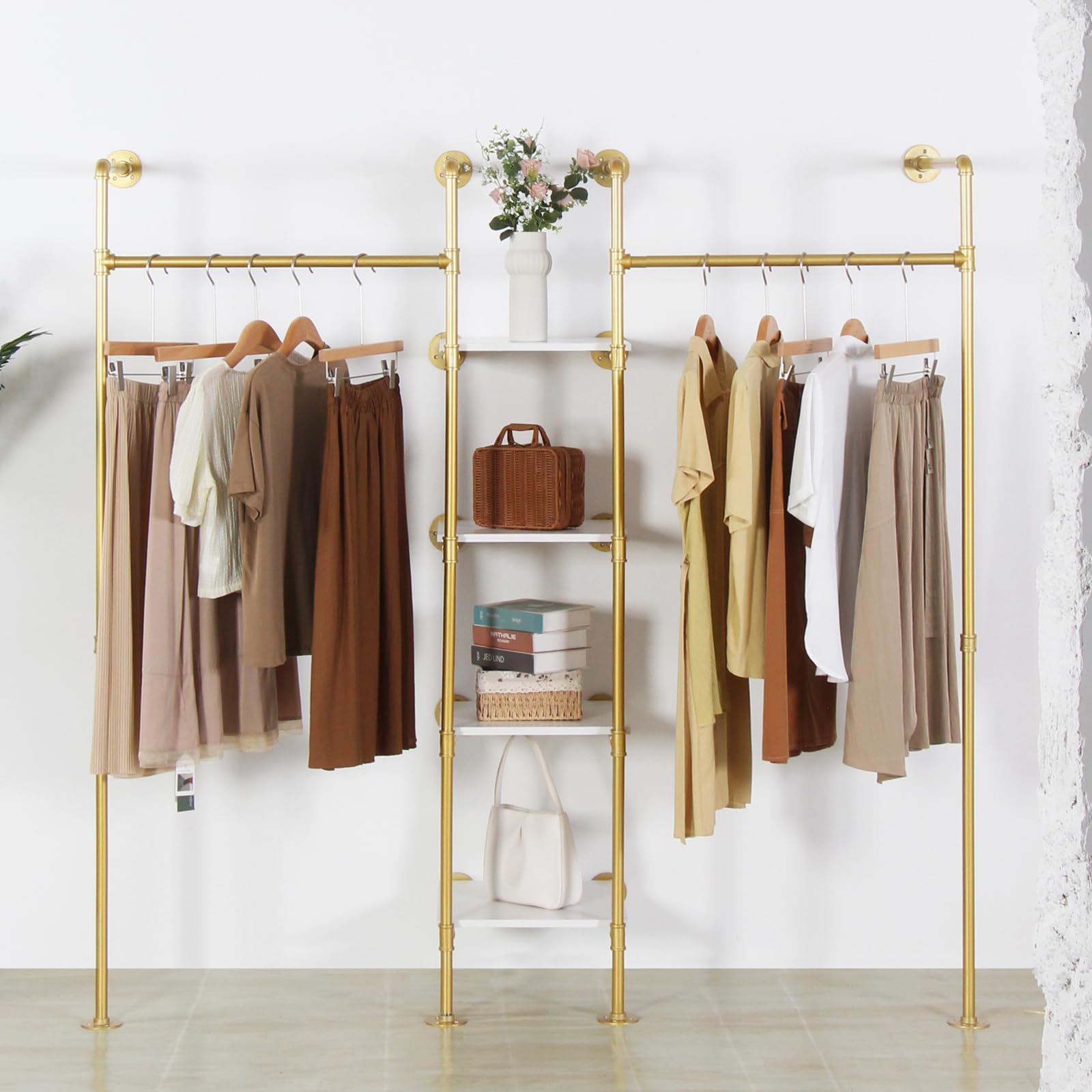 Industrial Steampunk Clothes Rail With Shelf - Wall Mounted Pipe & Wood Hanging Rack 8 thumbnail image