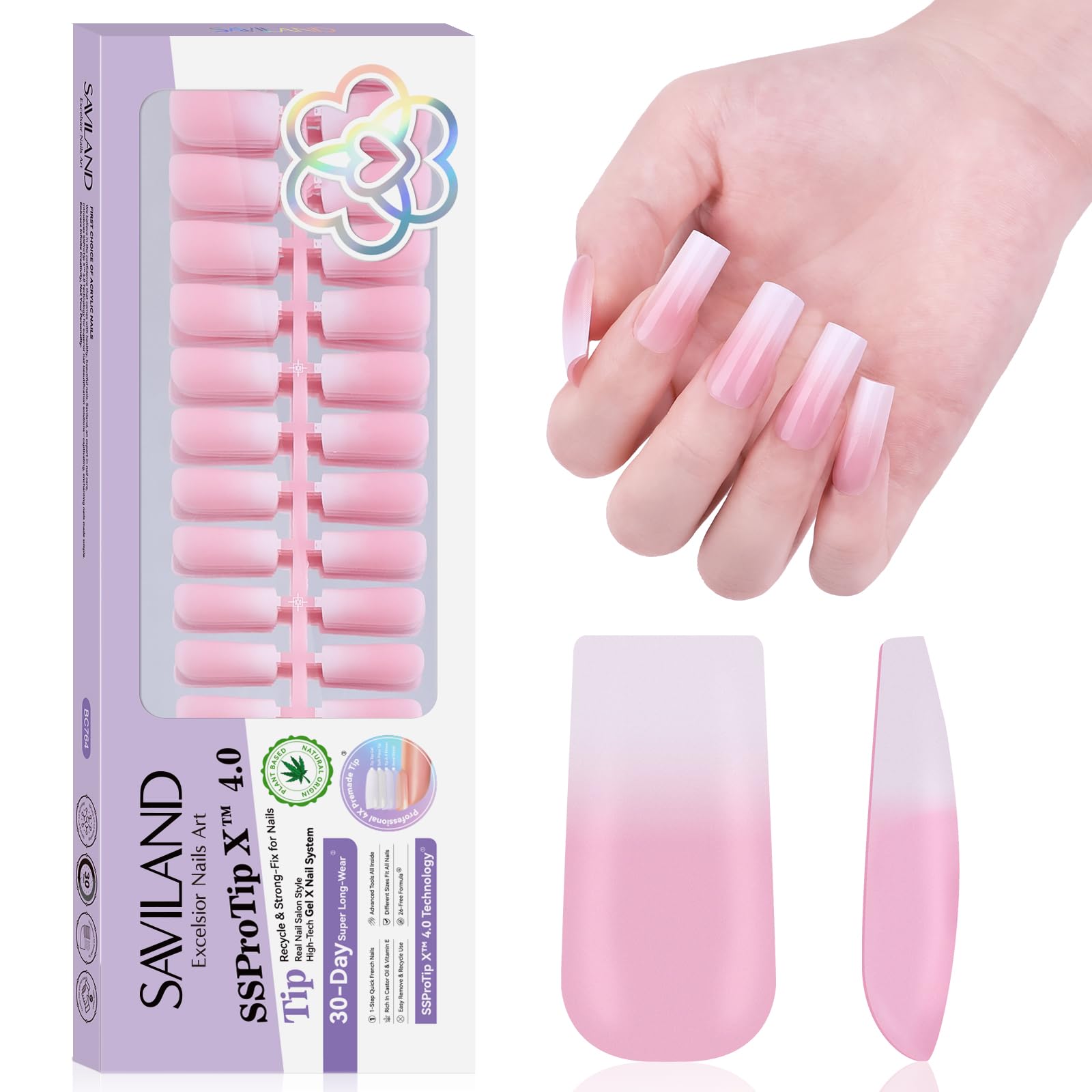 SAVILAND 160 Pcs French Tip Press On Nails: Long Square Pink Gradient False Nails Thicker & Sturdy Gels Nail Tips Full Cover French Fake Nail Soft Gel Stick On Nails for Women Home DIY