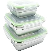HTIAM Stainless Steel Food Containers, 3-Piece Set with Lids, Reusable for Breakfast, Lunch, Dinner, Snacks Bento Box Square Lunch Box 400/750/1200ml