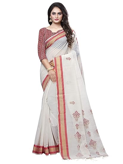 Women's Cotton Silk Saree with Unstitched Blouse Piece (Free size_Off-white_NF26B)