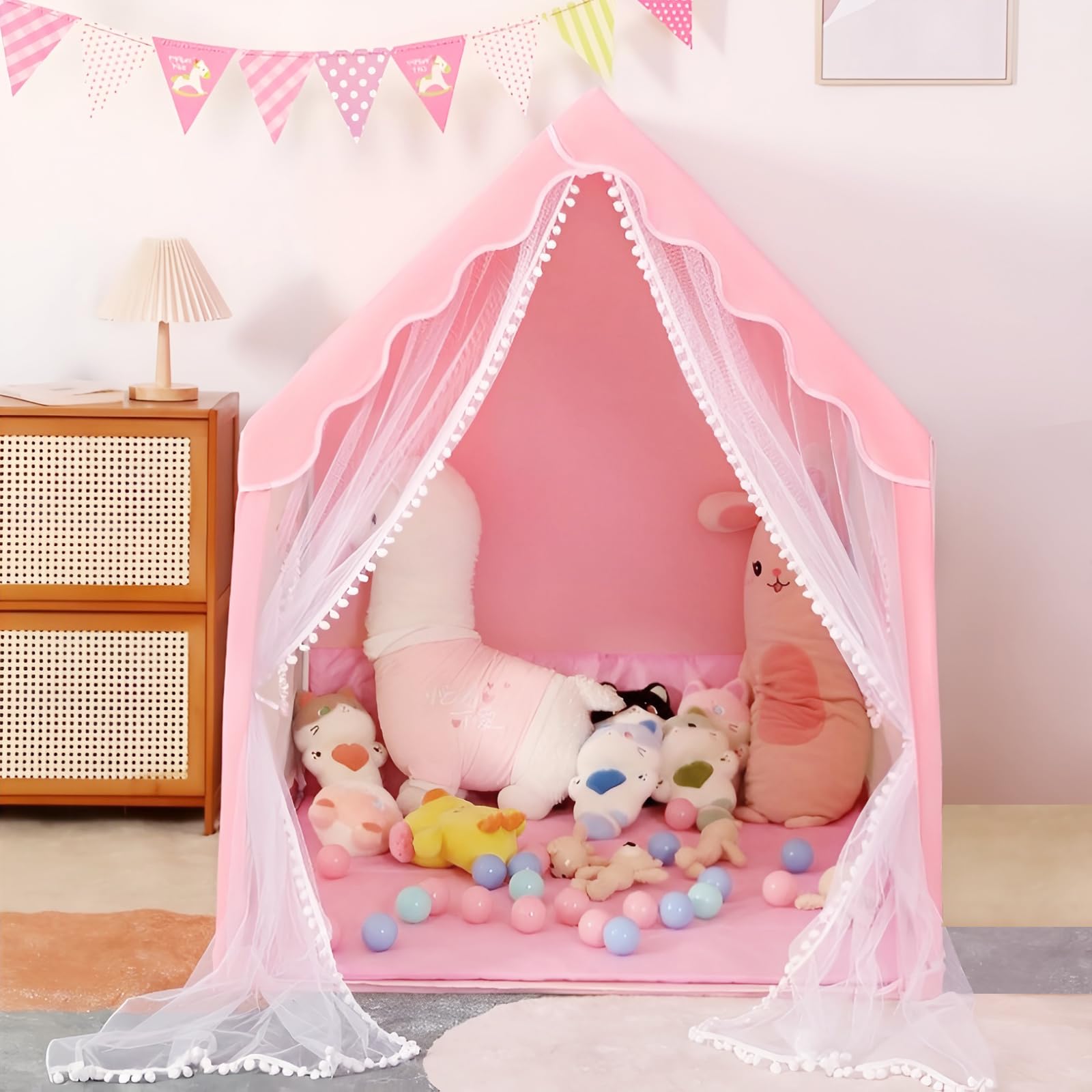 Kids Tent Play Tents for Toddler Children Indoor and Outdoor Large Pink Girls Princess Playhouse Castle with Windows Kids Room Furniture 47