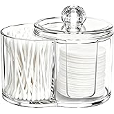 Axrivonte Qtip Holder Dispenser,Dual-Compartment Cotton Swab & Cotton Pad Organizer with Removable Dustproo-f Lid,Compact Countertop Storage Container(Clear)