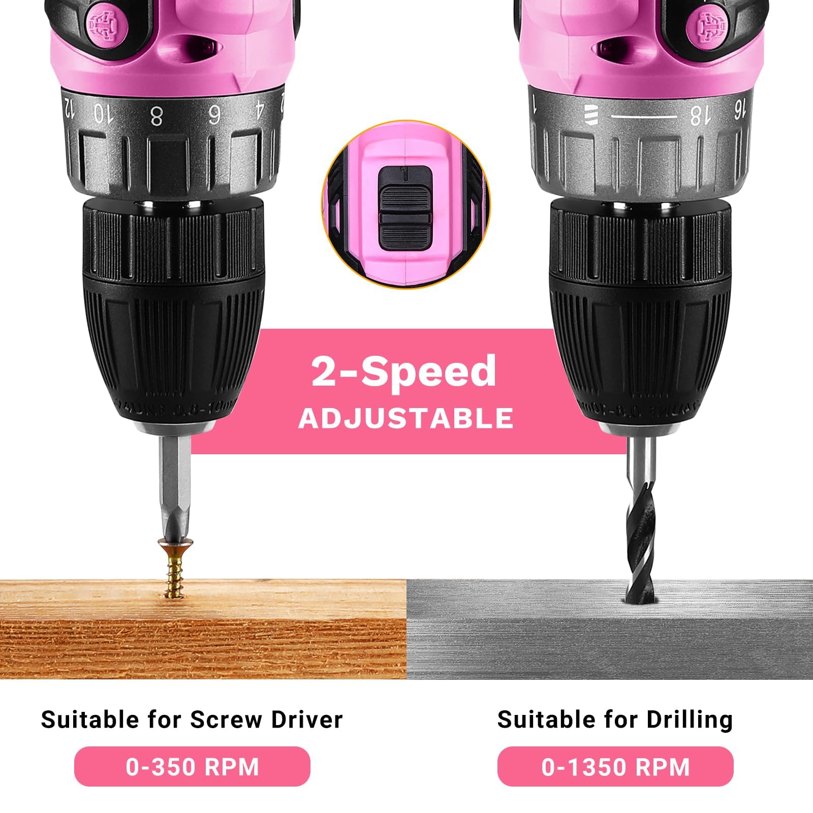 Power Drill Cordless: DEKOPRO Pink Cordless Drill 20V Electric Power Set Tool for Women Drills with Battery and Charger Drills Driver Kit