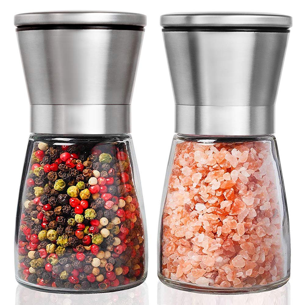 Salz- und Pfeffermühle Set, Henshow 2er Pack Premium Bürste Edelstahl Salz- und Pfeffermühle Set und Glaskörper Salz und Pfefferstreuer mit einstellbarer Keramik Grobigkeit zum Kochen Grillen