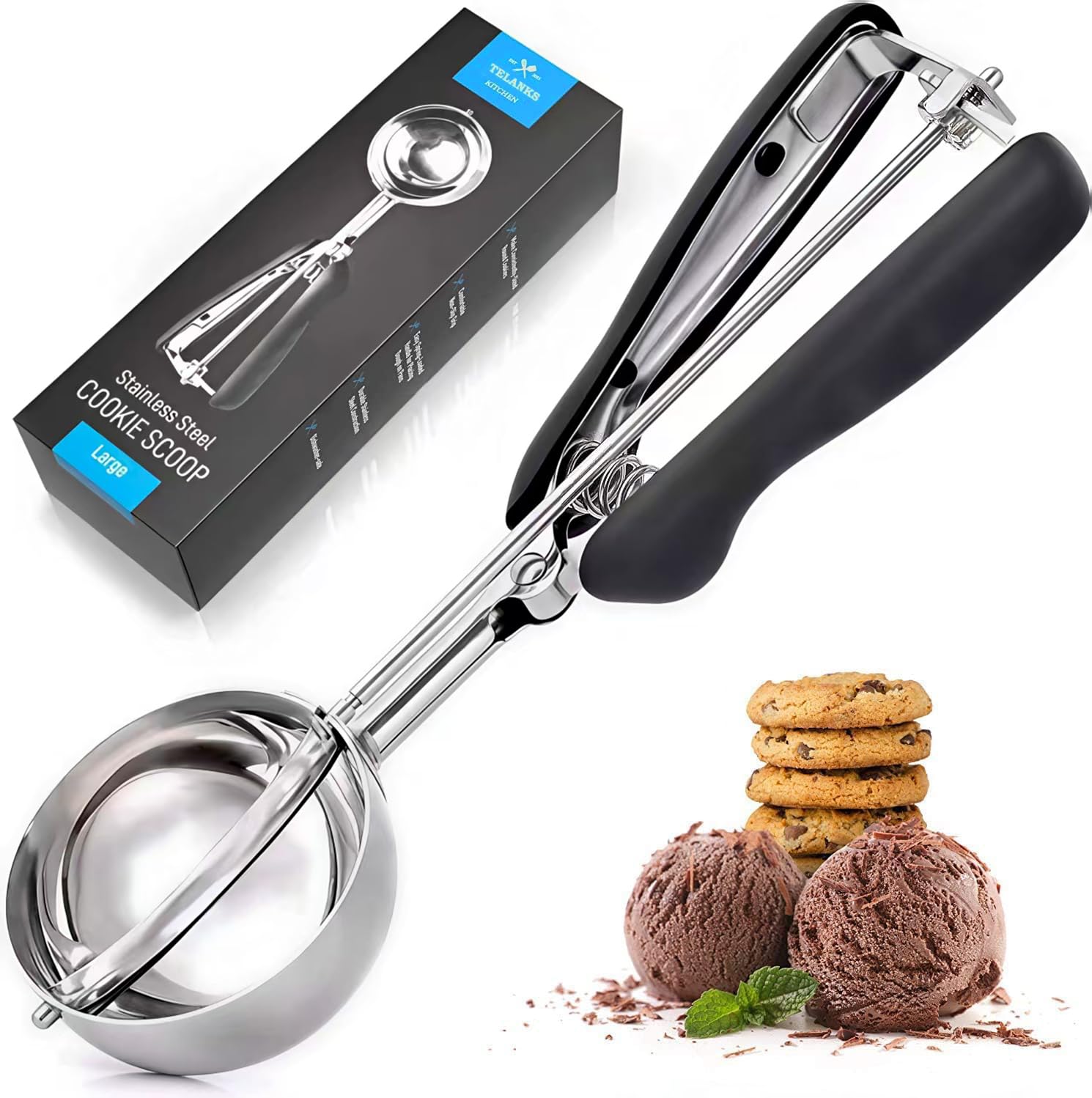 Ice Cream Scoop, 1.96" Stainless Steel Cookie Scoop with Trigger Release, Muffin Scoops, Cupcake Scoop Melon Baller Dough, Black