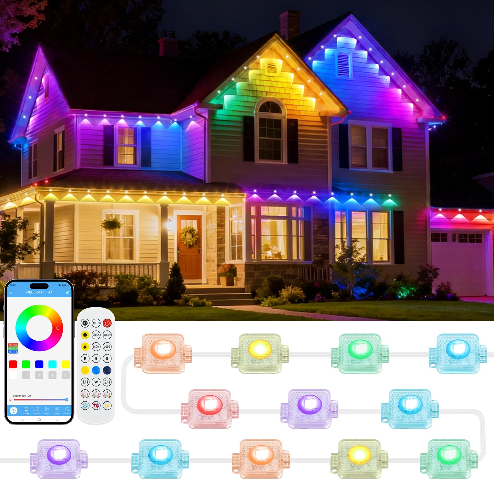 AVANLO Permanente Lichterkette Außen, 15M 30 LEDs RGBIC Outdoor Lichterkette Strom, Multimodus, APP & Fernsteuerung, IP65 Wasserdicht Trauflichter für Traufe, Dach, Balkon, Party Deko