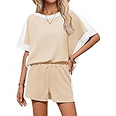 Tankaneo Womens 2 Piece Summer Outfits Oversized Short Sleeve Tops and Shorts Matching Sets Color Block Lounge Set