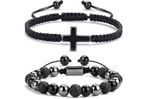 Vinswet 2 pcs Cross Beaded Bracelets for Men,8mm Black Obsidian Tiger eyes Hematite Mens Triple Protection Bracelet Set Fathers Day Birthday Jewelry Gifts