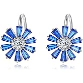 Sapphire Earrings 925 Sterling Silver Blue Flower Leverback Earrings Vintage Jewelry Gift for Women