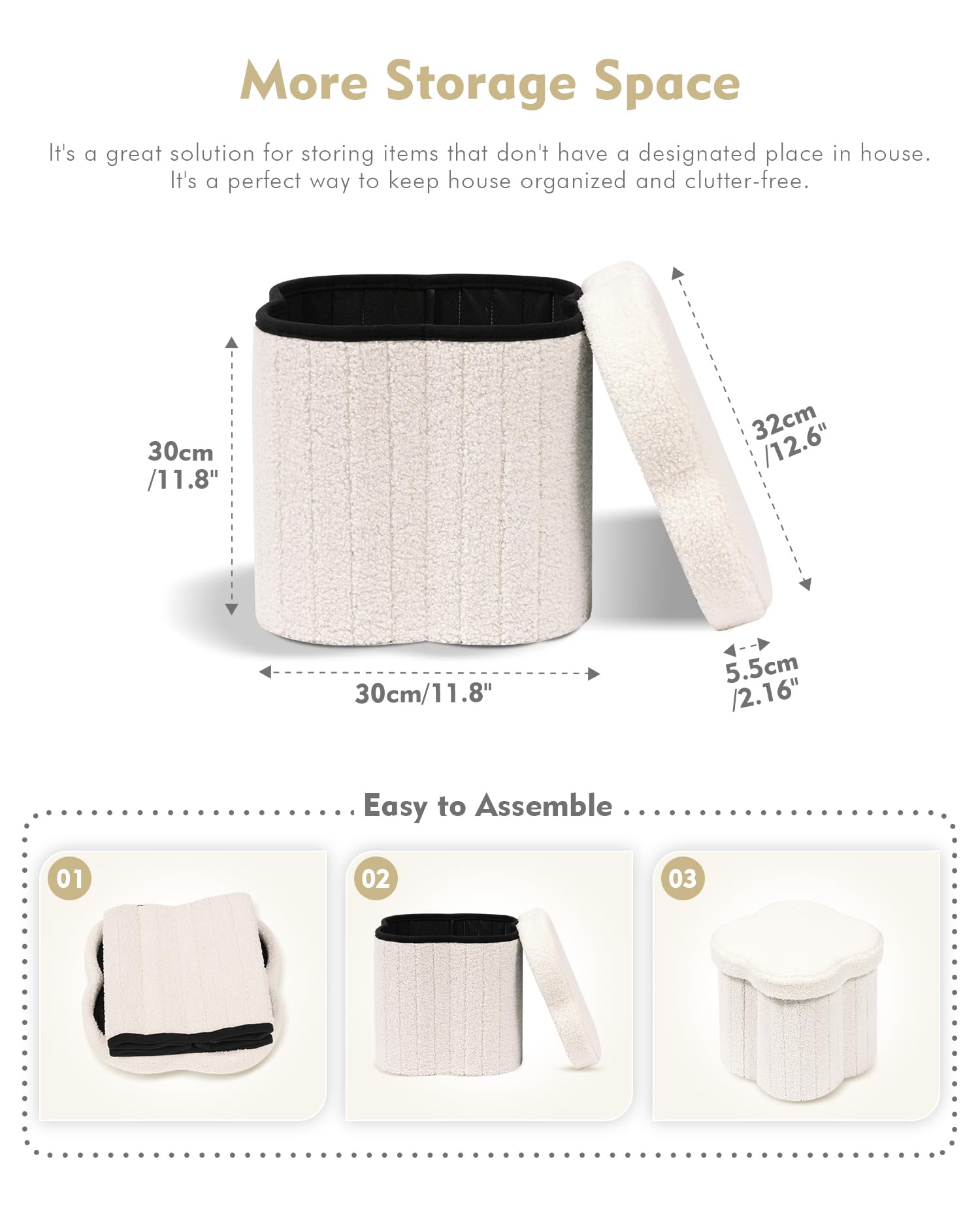 B FSOBEIIALEO Storage Ottoman Cube, Flowers Shaped Ottomans with Storage Foot Stool Footrest for Lving Room, Boucle Ottoman Seat for Dorm Room,Faux Teddy Fur, Cream White 12.6"x12.6"x12.6" - Image 5