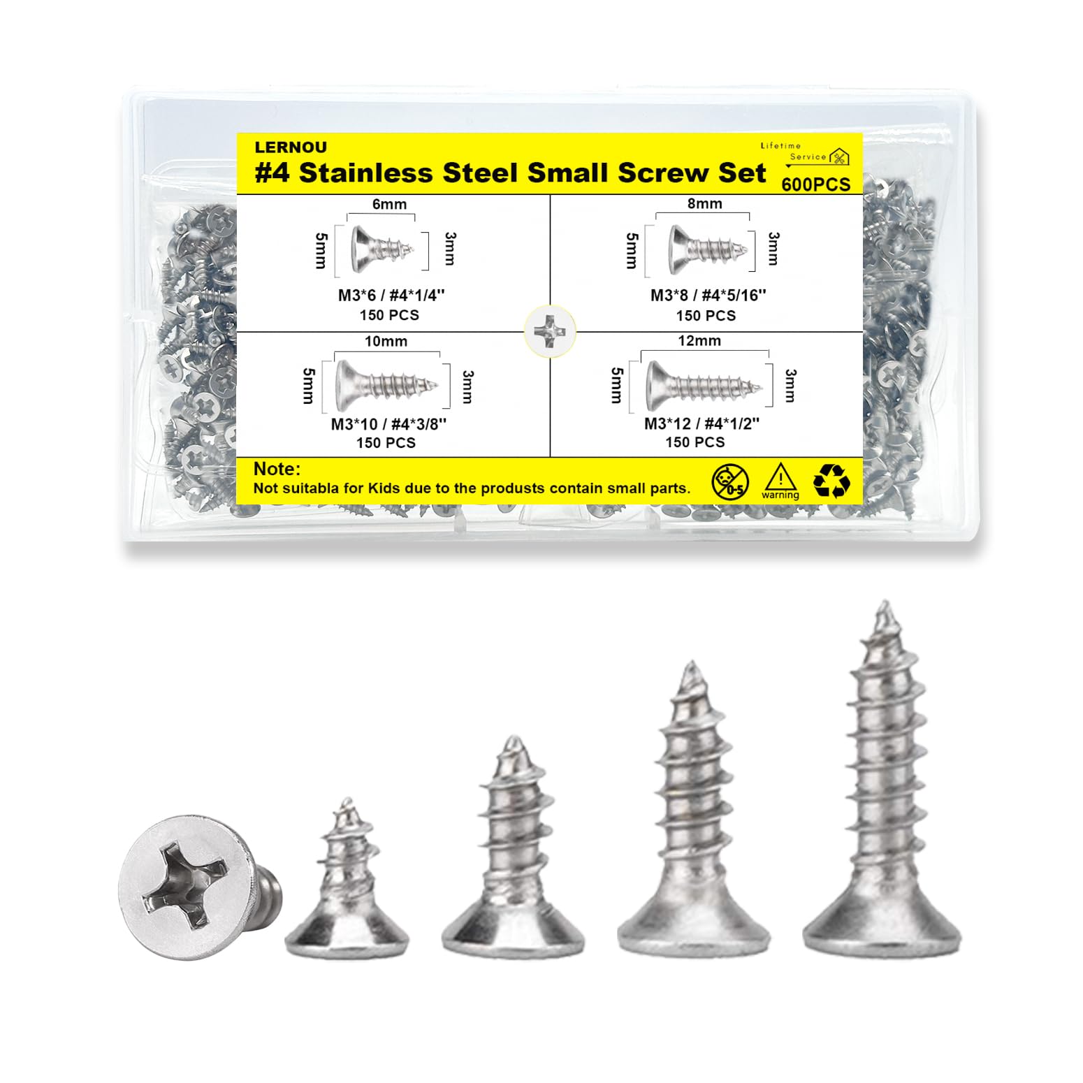 600 pcs Wood Screws Assortment, M3 Countersunk Self Tapping Screws,Stainless Steel Small Screw, Suitable for Furniture, Woodworking, DIY Model Fixing(6mm,8mm,10mm,12mm)