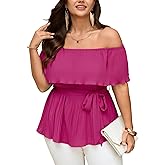 SCOMCHIC Plus Size Off The Shoulder Peplum Tops for Women Summer Ruffle Hem Blouse Chiffon Babydoll Top