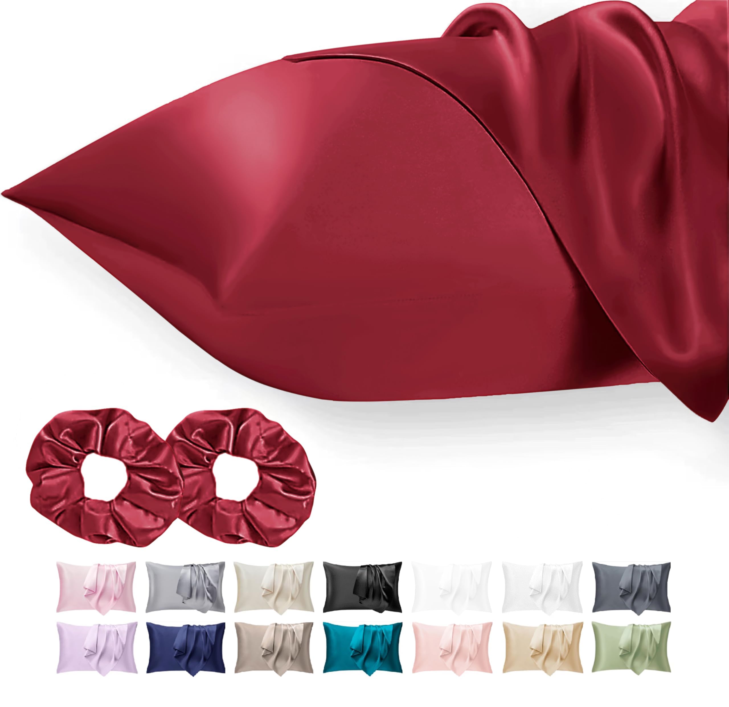 Seiwohl Satin Pillowcases for Hair and Skin 2 Pack & Satin Hair Scrunchies 2 Pcs Set, Silky Pillow Cases with Envelope Closure,Burgundy, Standard Size 50x75 cm