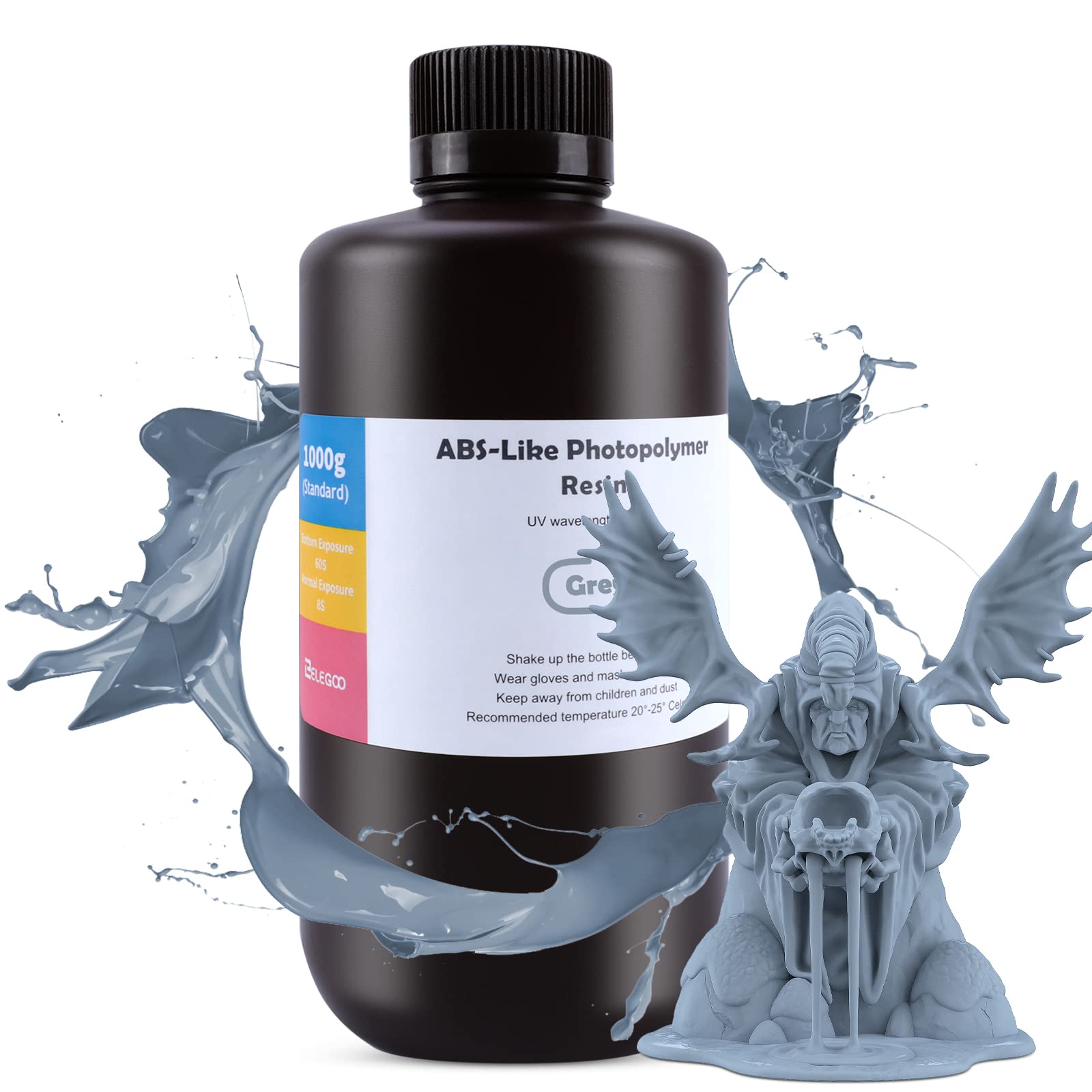 ELEGOO ABS Like 3D Printer Resin, 405nm UV-Curing LCD Resin High Precision Fast Curing Non-Brittle Standard Photopolymer Resin for LCD Printer Printing Grey 1000G