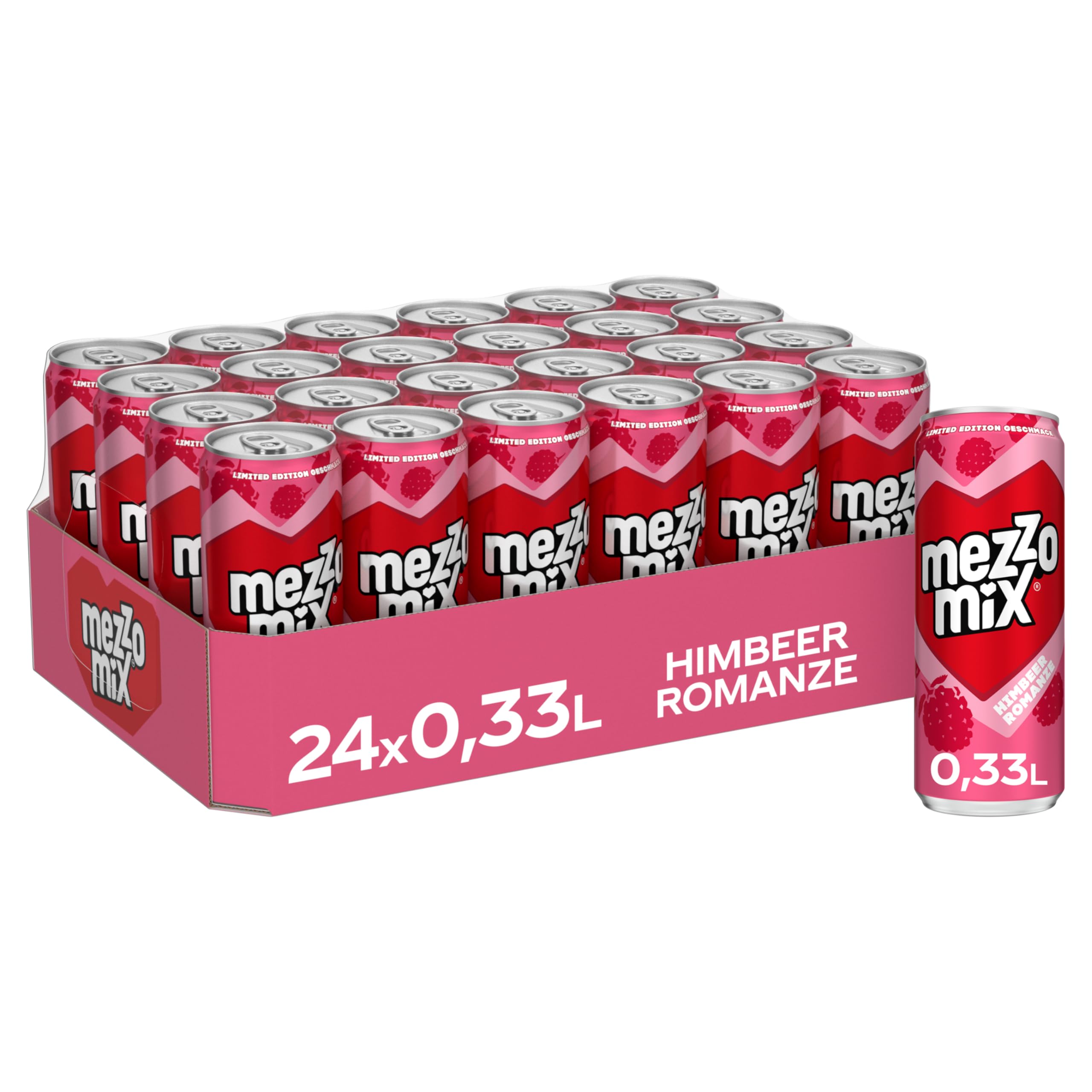 Mezzo Mix Himbeere - Cola-Mix-Getränk aus Cola & Himbeere, temporäres Produkt - wenig Zucker und wenig Kalorien - in Einweg Dosen (24 x 330 ml)
