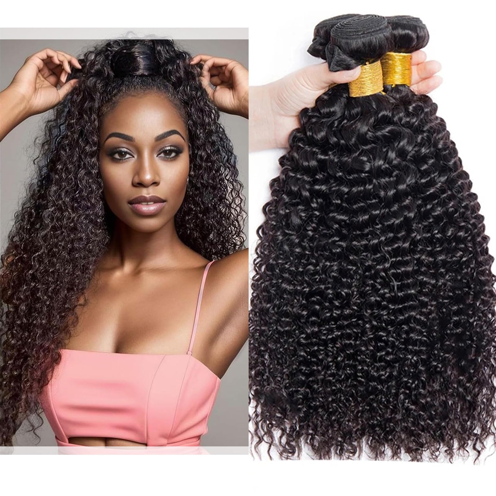Huarisi 3 Bundles Kinky Curly Human Hair Extensions 16 18 20 inch 8a Curly Bundles 300g Brazilian Virgin Hair Weaves for Black Women Natural Color