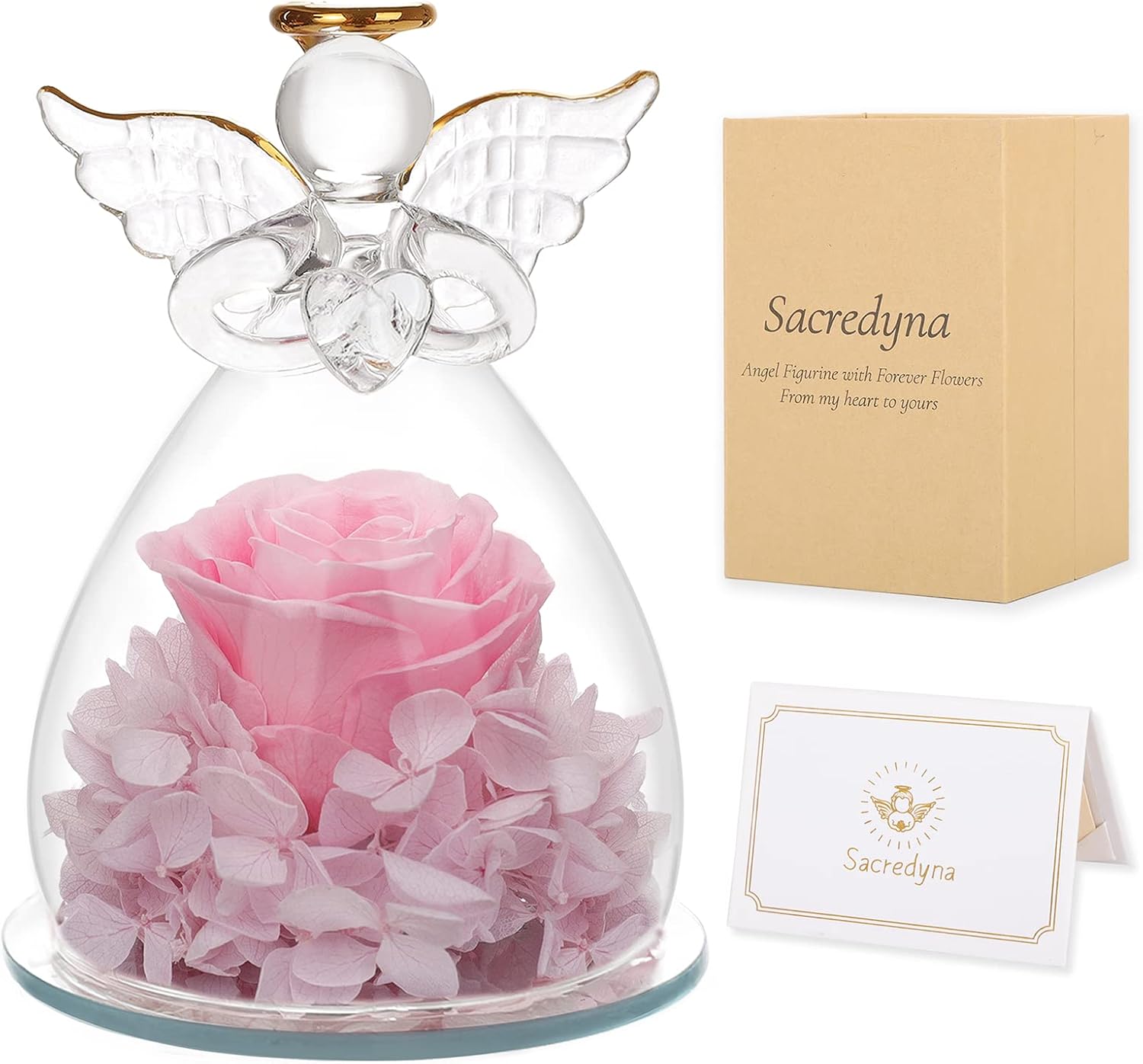 Dried & Preserved Flora - Sacredyna Preserved Flower in Glass Angel Figurines Gifts for Women. Perfect Birthday, Thanksgiving Day, or Mom Gifts from Daughter/Son.Ideal Grandma and Mom Gifts Featuring Preserved Roses