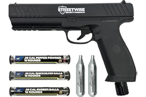 STREET WISE SECURITY PRODUCTS Streetwise Heat .50 Caliber Defense Launcher, Kinetic Impact Ball Gun - Personal Protection Pistol Includes 10 Rubber Balls, 10 Quicksilver Metal Composite Rounds, & 2 CO2 Canisters