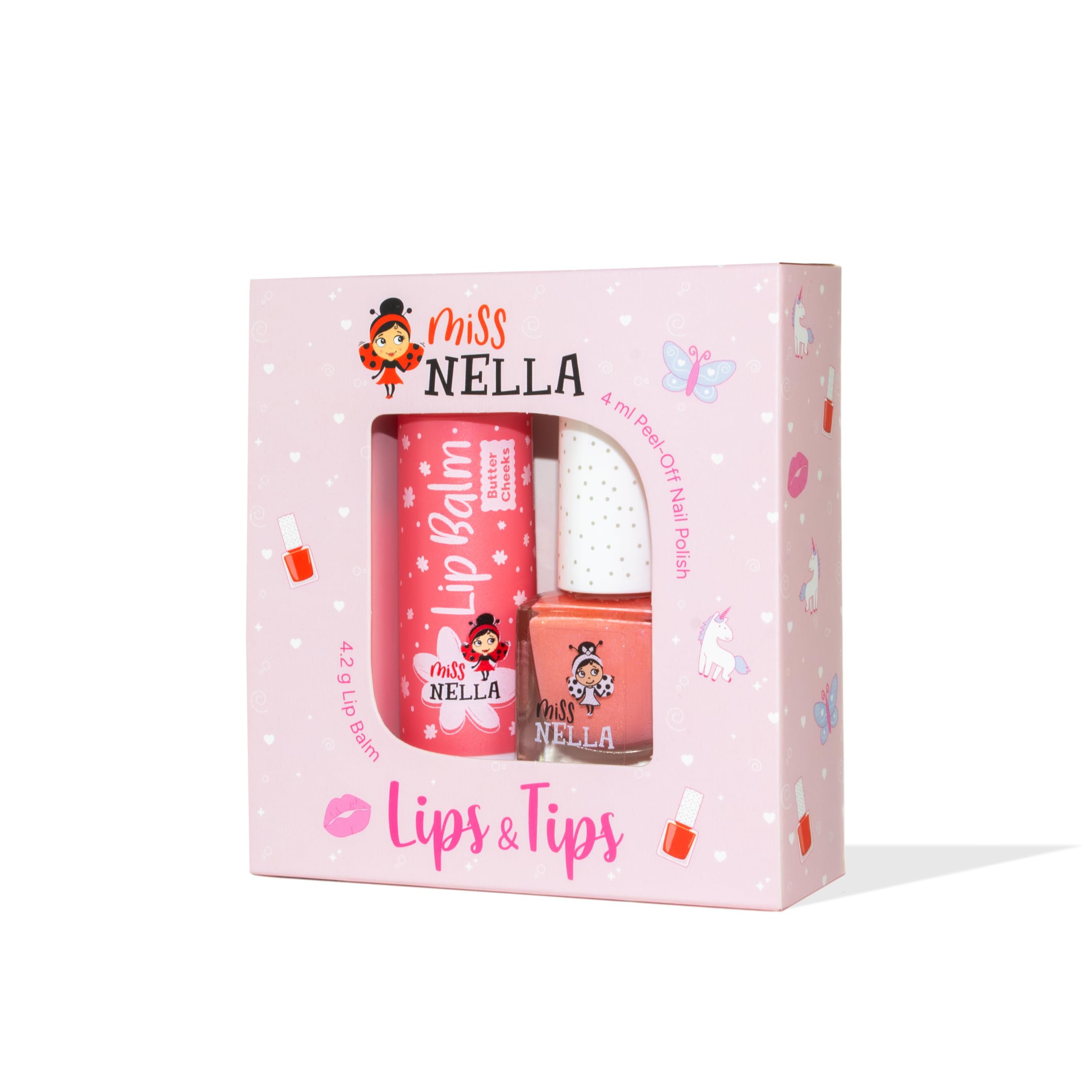 Miss Nella Nail Polish + Lip Balm set- Special Peach Glitter Nail Polish for Kids- PEACH SLUSHIE, with Peel-off, Water Based & Odour Free Formula + BUTTER CHEEKS pink hypoallergenic lip balm
