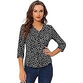 Allegra K 3/4 Sleeve Top for Women's Heart Print V Neck Button-Up Casual Blouse Shirt