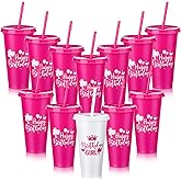 Pickmesh 12 Pcs Birthday Party Tumblers 24 oz Squad Plastic Tumblers with Lid and Straw Pink Plastic Squad Cups for Women Adults Birthday Decorations Favor