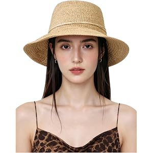 Women's Raffia Straw Bucket Hat, Handwoven Wide Brim Sun Hat, Foldable Floppy Beach Hat for Summer Beach Travel Vacation