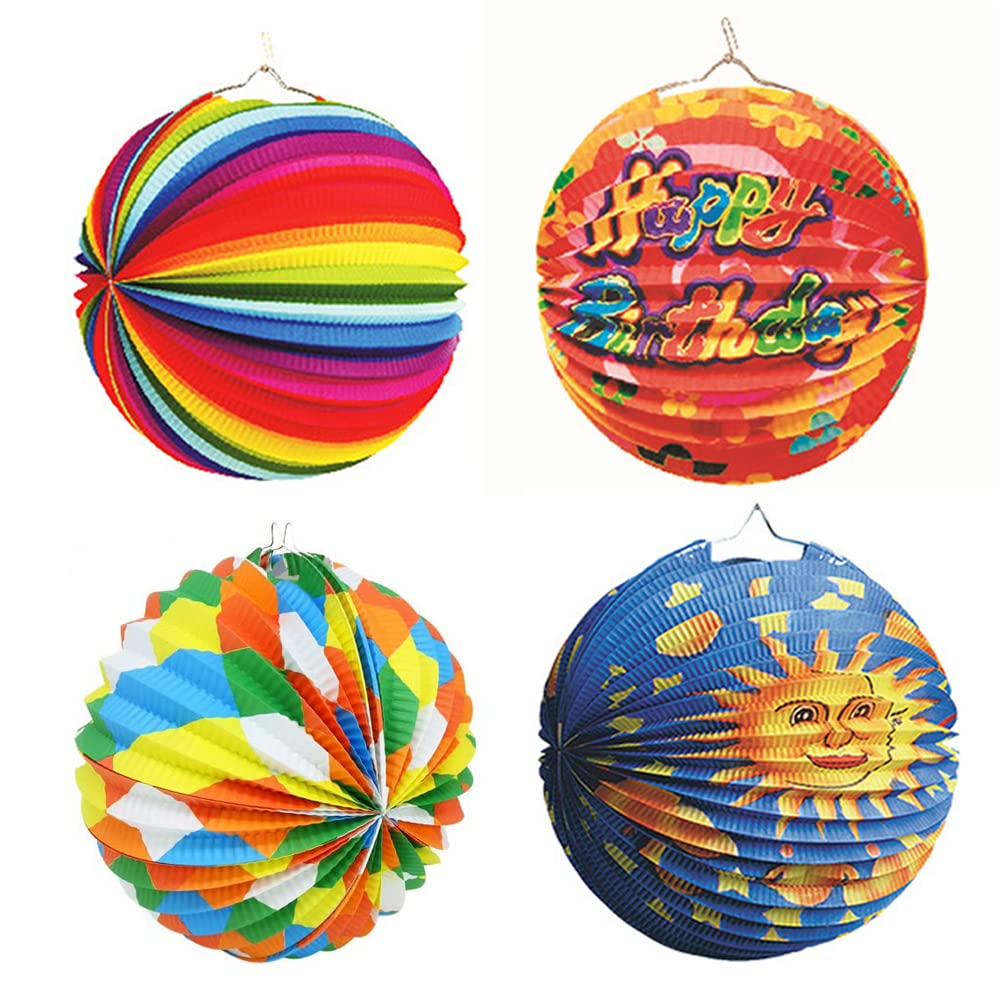 JAHEMU Paper Lantern Christmas Paper Pom Poms Decoration Saint Martin Lanterns for Kids, Hanging Lantern Round Colorful Lampshade 4pcs