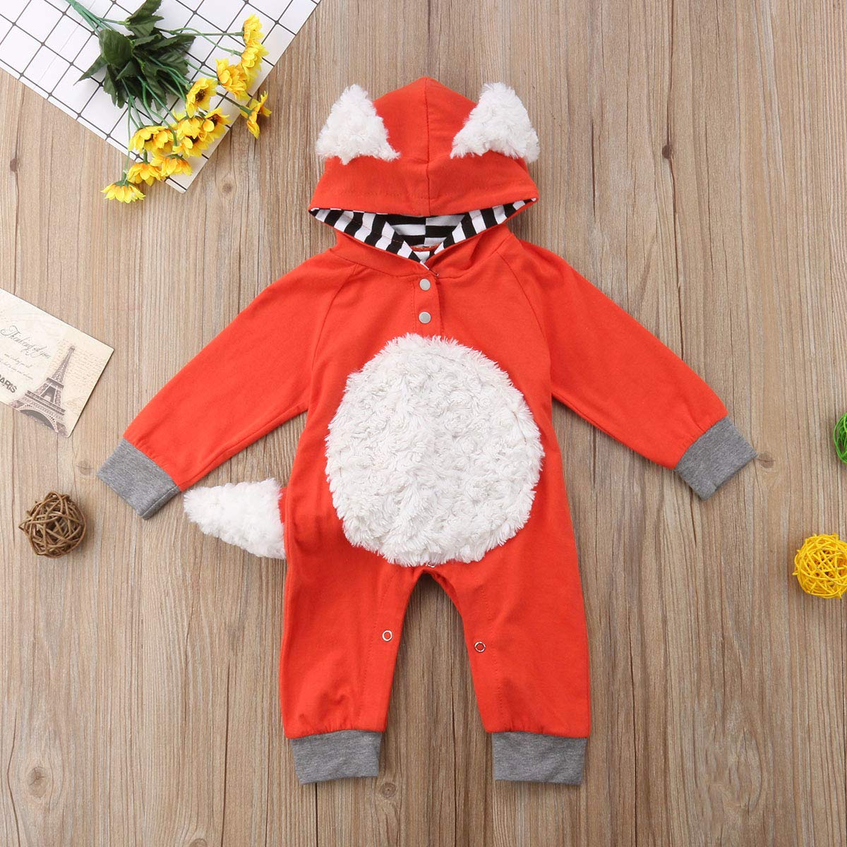 Noubeau Newborn Baby Girl Boy Halloween Cosplay Cartoon Clothes Fox Coat Fur Bodysuit Jumpsuit Hooded Playsuit Romper Overall Outfit