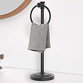 Hoimpro 17 Inch Stand Hand Towel Holder Towel Bar Towel Hanging Ring, Free Standing Floor Hand Towel Rack Storage for Bathroom Kitchen Vanity Countertops, Hardware Accessories(Matte Black)