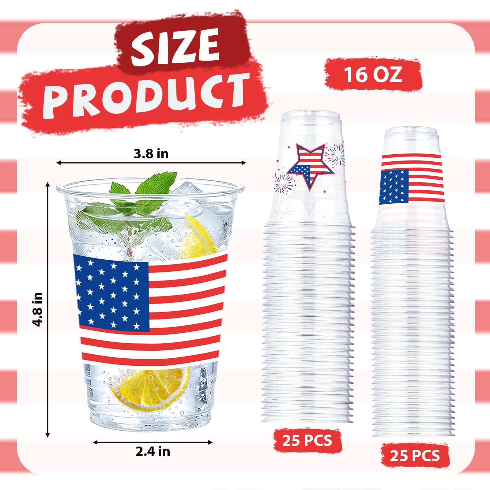 Condition photo showing New/Like New for 50pcs 4th of july plastic cups 16 oz patriotic day disposable plastic cups american flag clear cockt