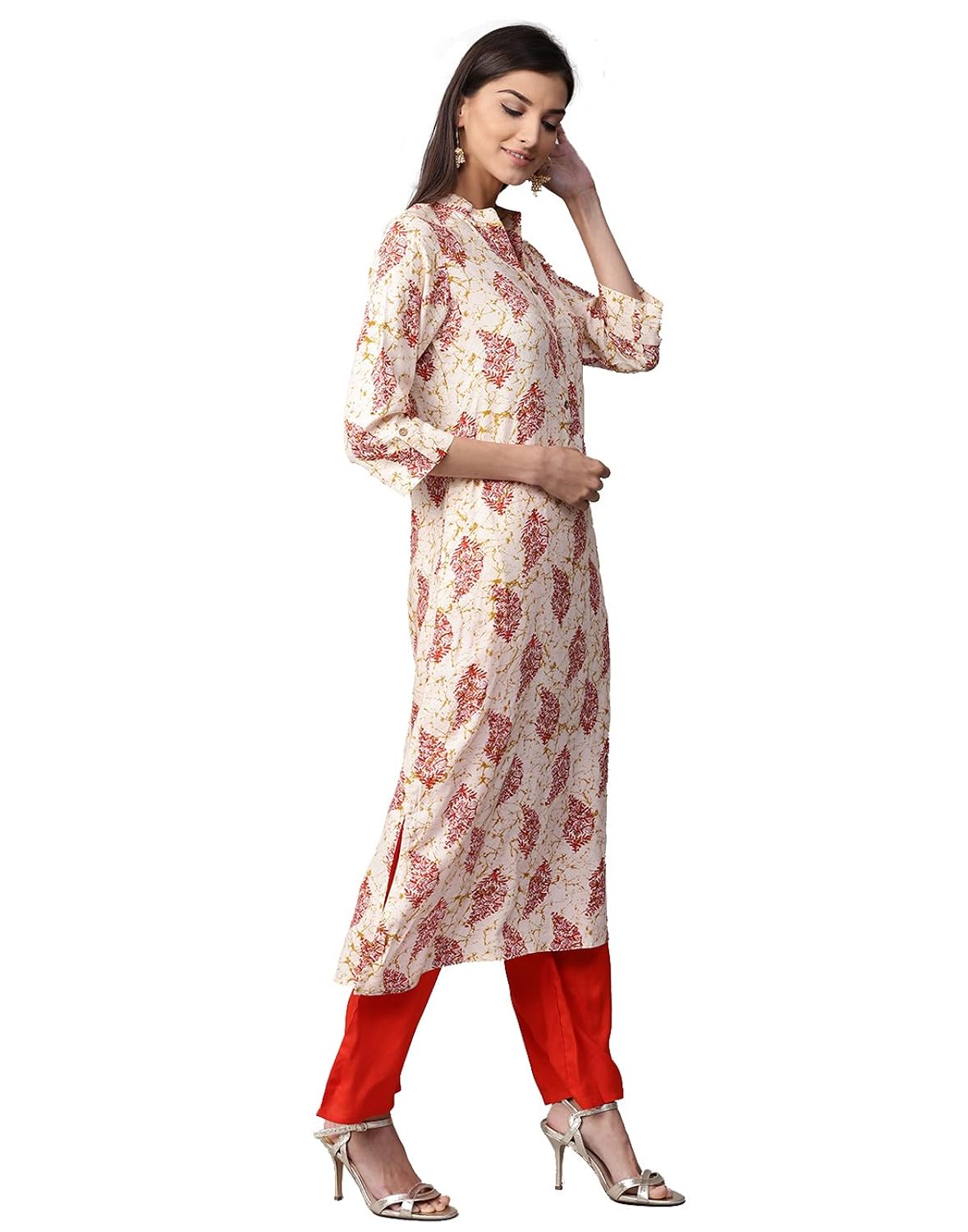 jaipur kurti women off-white & orange printed rayon kurta with palazzos
